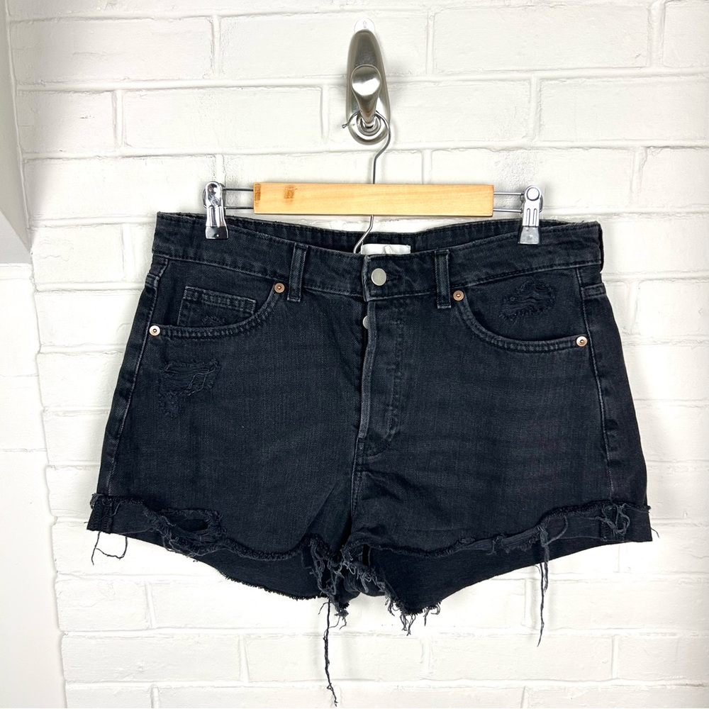 H&M Washed Black Button Fly Distressed Denim Shorts Size 12
